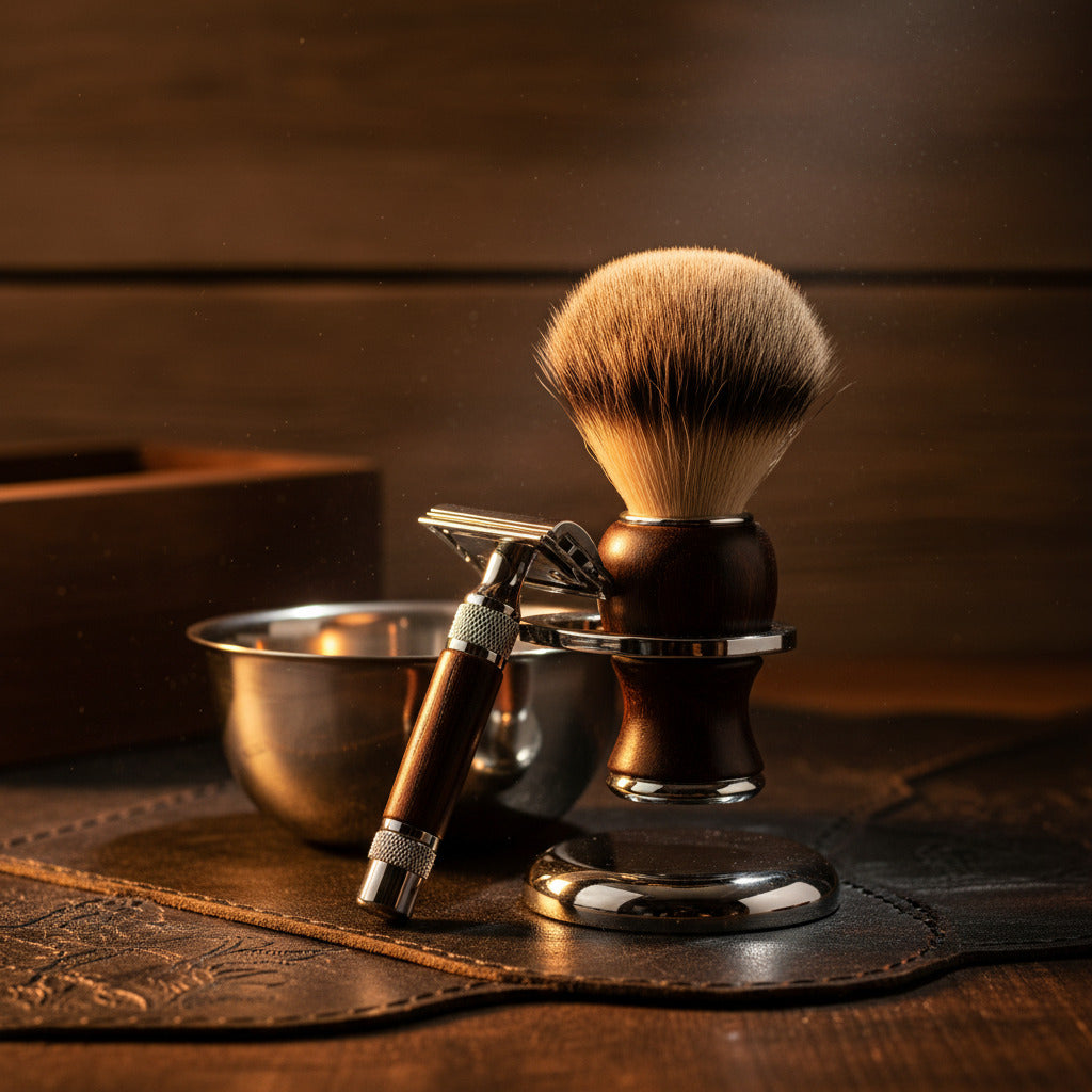 Professional Fusion 5 Shaving Kit with Natural Badger Brush Rosewood Grain Waterproof Shaver Barber Tools for Men Husband