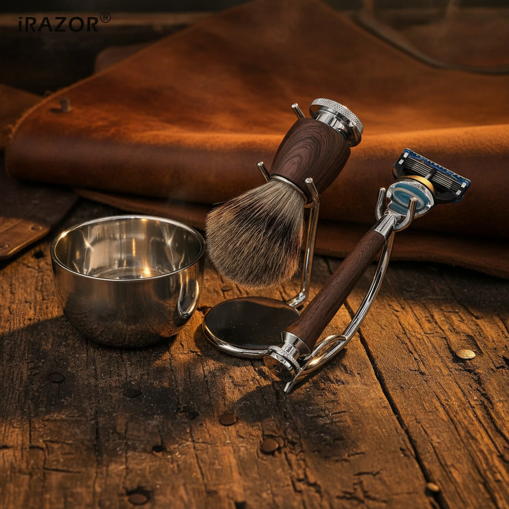 Professional Fusion 5 Shaving Kit with Natural Badger Brush Rosewood Grain Waterproof Shaver Barber Tools for Men Husband