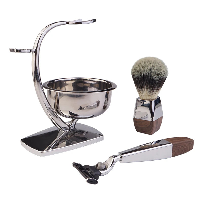 High Quality Badger Hair Shaving Brush， Shave Stand and 3 Blade Razor Metal Men Shaving Set for Men Shave